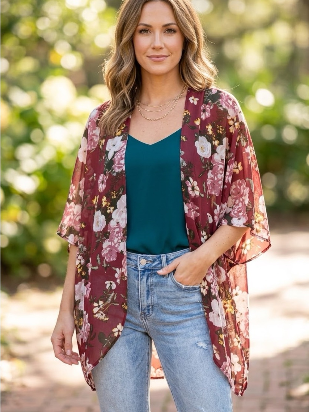 Miss Chievous burgundy and Olive Floral Sheer Top